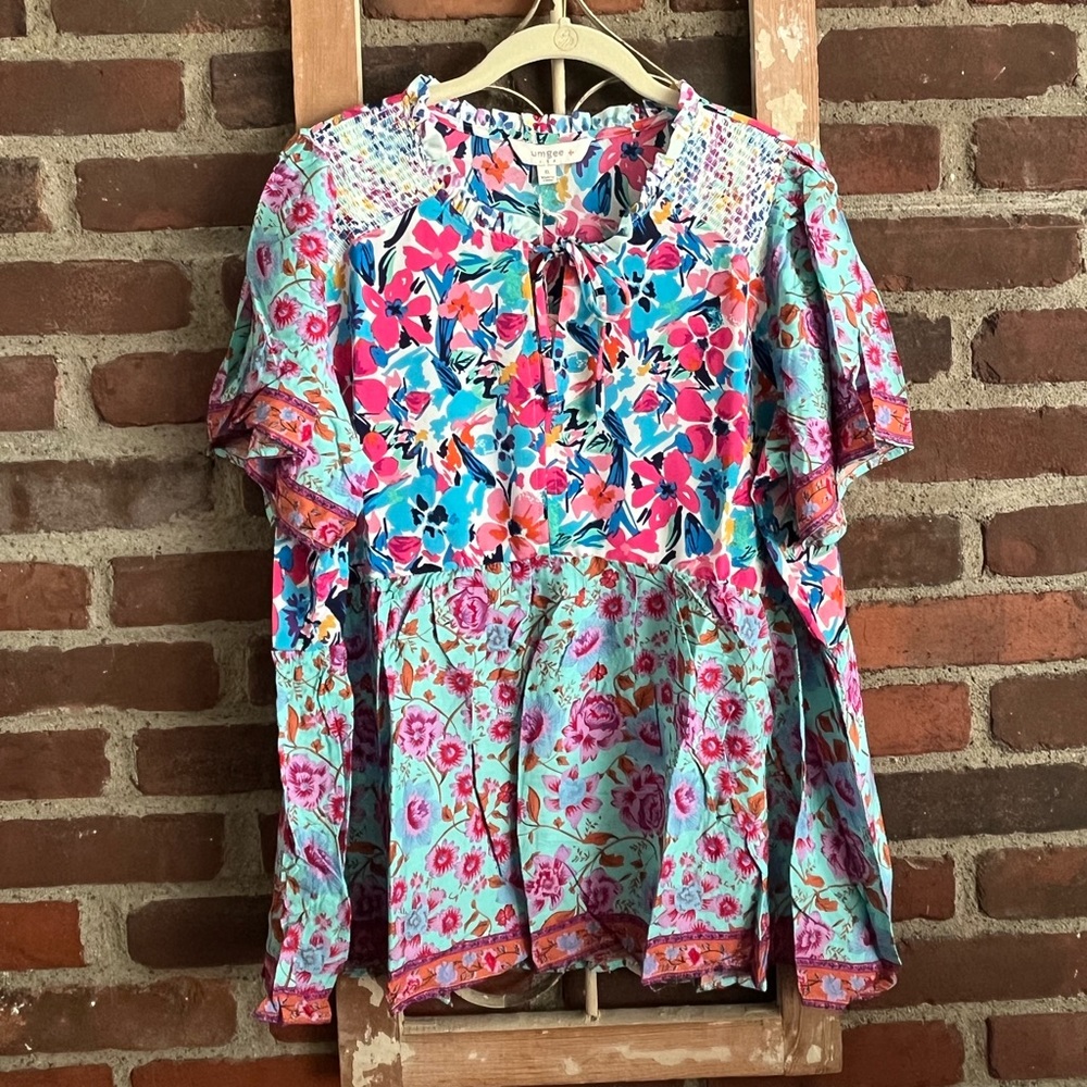 Mixed Print Smocked Shoulder Top with Drawstring - Mint Mix - size XL